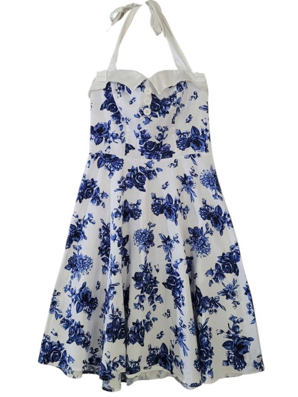 Dressystar Floral Halter Rockabilly Swing Dress Blue White Medium 50s Retro - Picture 1 of 10